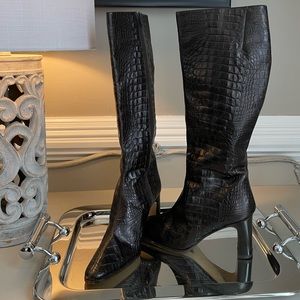 Phyllis Poland Boots Women’s 8 Brown Leather Italy Faux Croc Tall Classy EUC